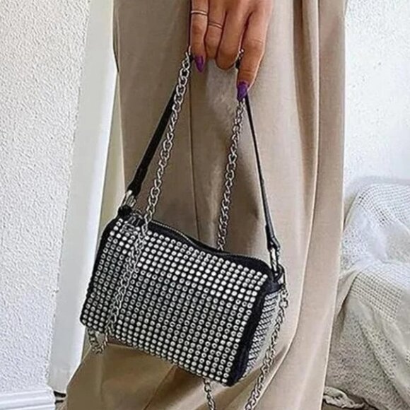 Black with silver Rhinestone Chain Square Bag purse - Picture 1 of 11